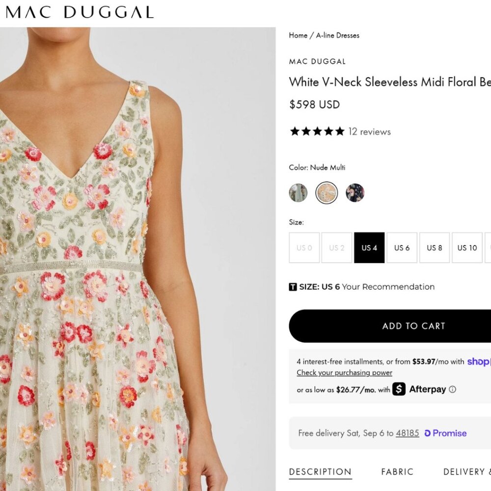 Mac Duggal 5527 Size 12 Ivory White Floral Beaded Sequin V-Neck Midi Gown Dress - Picture 2 of 7